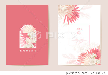 Wedding dried lunaria, orchid, pampas grass floral Save the Date set. Vector exotic dry flower, palm leaves boho Wedding dried lunaria, orchid, pampas grass floral Save the Date set. Vector exotic dry flower, palm leaves boho 74068124