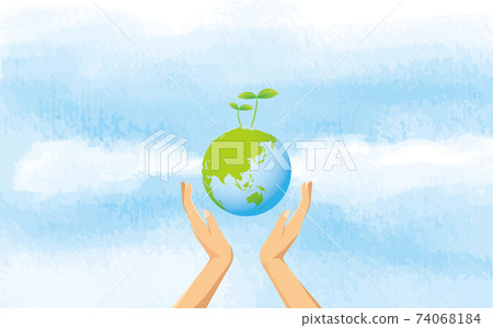 Image illustration of hand and sky holding the earth with sprout 74068184