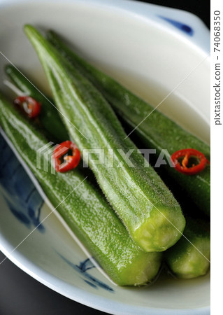 Shooting spicy white okra pickles on a black background (overhead view) Shooting spicy white okra pickles on a black background (overhead view) 74068350