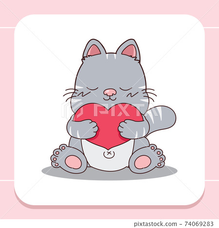 Hand drawn cute fat cat hug a big heart. 74069283