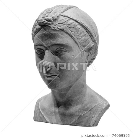 Ancient white marble sculpture head of young woman. Statue of sensual renaissance art era naked woman antique style 74069595