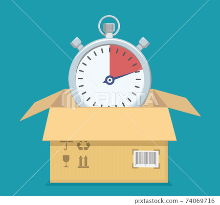 Stopwatch in an open cardboard box. 74069716