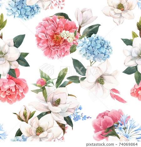 Beautiful vector seamless pattern with hand drawn watercolor gentle white magnolia and hydrangea flowers. Stock illustration. 74069864