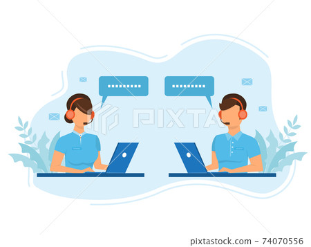 Man and woman operators in headset advising customers flat style design.Call center workers help clients.Call center, hotline flat vector. illustrator. Man and woman operators in headset advising customers flat style design.Call center workers help clients.Call center, hotline flat vector. illustrator. 74070556