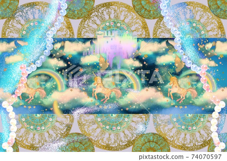 An illustration of a dream cute fluffy cloud, a unicorn running around the night sky, a rainbow and a pearl lace curtain studded with An illustration of a dream cute fluffy cloud, a unicorn running around the night sky, a rainbow and a pearl lace curtain studded with 74070597