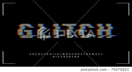 VHS glitch font in retro style. English letters, numbers with distortion effect. Good for design promo electronic music events, games, banners, web, etc. Vector VHS glitch font in retro style. English letters, numbers with distortion effect. Good for design promo electronic music events, games, banners, web, etc. Vector 74070883