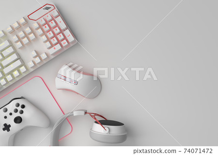 Top view of gamer workspace and gear like mouse, keyboard, joystick, headset 74071472
