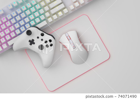 Top view of gamer workspace and gear like mouse, keyboard, joystick 74071490