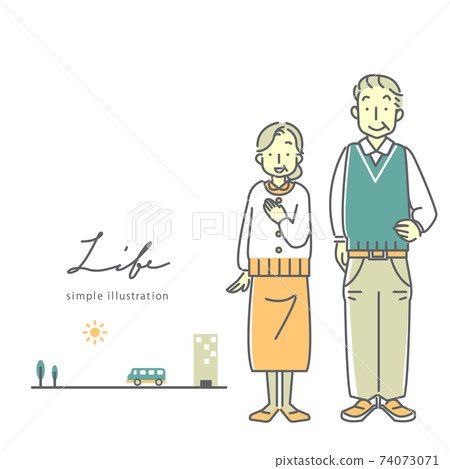 A smiling senior couple with a simple and sloppy line art illustration material with skin color 74073071
