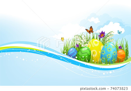 Easter eggs holidays hunt, green grass vector wave 74073823