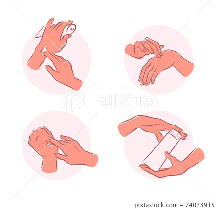 Set of human hands emblems with hand cream hold  moisturizer tube, smear each other isolated on white background. Vector flat hand drawn illustration. For banners, ads, emblems, tags etc. 74073915