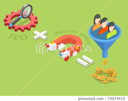 SEO plus inbound marketing flat isometric vector. SEO plus inbound marketing flat isometric vector. 74074418