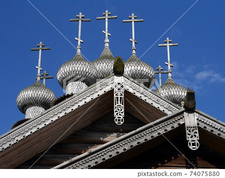 Old Russian orthodox christian wooden church domes 74075880