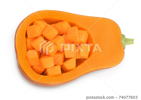 butternut squash half isolated on white background with clipping path and full depth of field. Top view. Flat lay 74077603