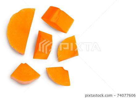 butternut squash slice isolated on white background with clipping path and full depth of field. Top view with copy space for your text. Flat lay butternut squash slice isolated on white background with clipping path and full depth of field. Top view with copy space for your text. Flat lay 74077606