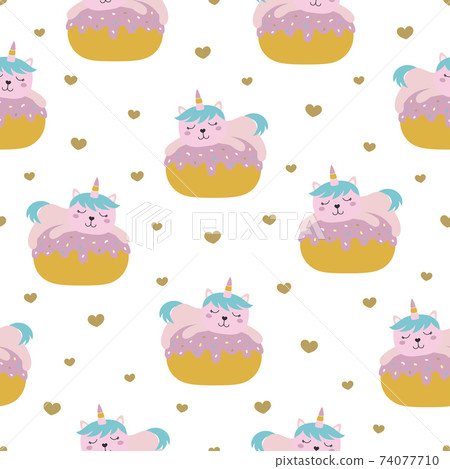cute cat unicorn seamless pattern, vector illustration 74077710
