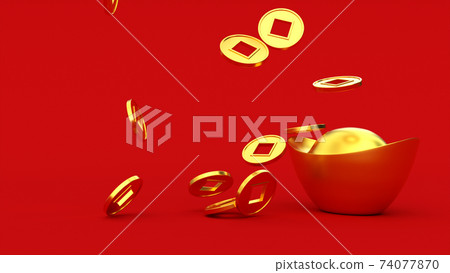 Falling Chinese lucky golden 3d coins. 74077870