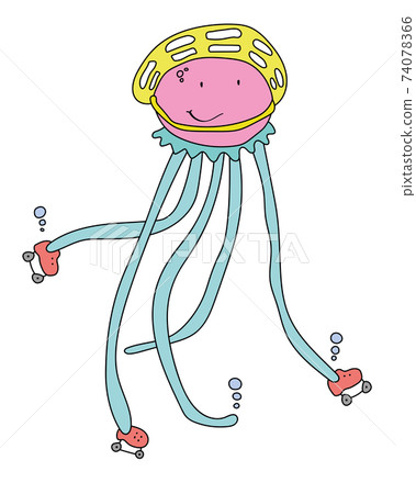 Funny jellyfish skating wearing helmet. Sport at summer time Funny jellyfish skating wearing helmet. Sport at summer time 74078366