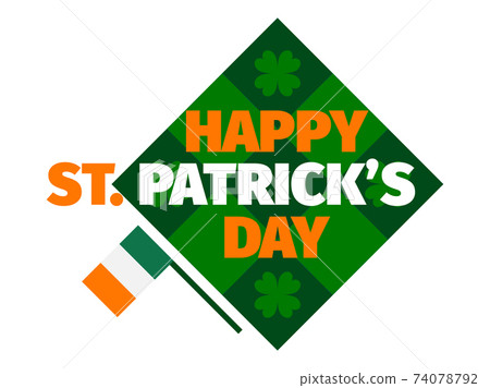 Happy St. Patrick's Day. Checkered background with Irish flags and clover isolated on white background. Background for printing on paper, advertising materials and banner. Vector illustration 74078792
