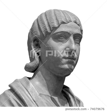 Ancient white marble sculpture head of young woman. Statue of sensual renaissance art era naked woman antique style 74079676