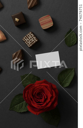 Roses, chocolates and message cards. Valentine, sweets, chocolate, cacao, etc. Roses, chocolates and message cards. Valentine, sweets, chocolate, cacao, etc. 74079751