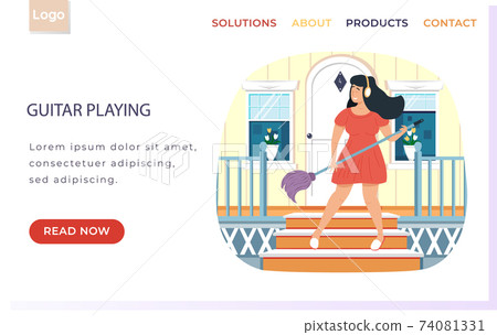 Website about guitar playing. Woman plays mop like musical instrument on doorstep of house 74081331