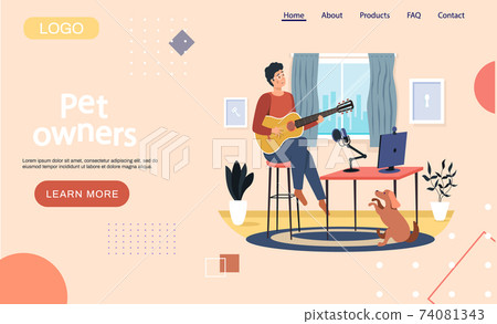 Pet owners landing page template. Man playing guitar and practicing, dog listening to music Pet owners landing page template. Man playing guitar and practicing, dog listening to music 74081343