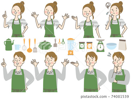 男人和女人在圍裙和廚房的圖標集 男人和女人在圍裙和廚房的圖標集 74081539