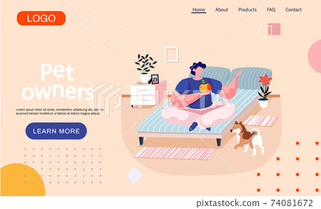 Pet owners landing page template with man sitting on bed in bedroom on lotus position and dog 74081672