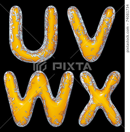 Realistic 3D letters set U, V, W, X made of gold shining metal letters. 74081734