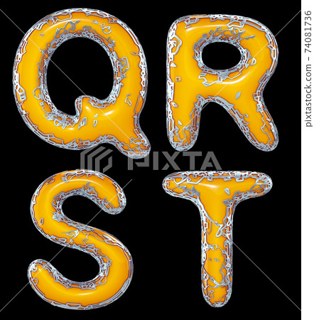 Realistic 3D letters set Q, R, S, T made of gold shining metal letters. 74081736