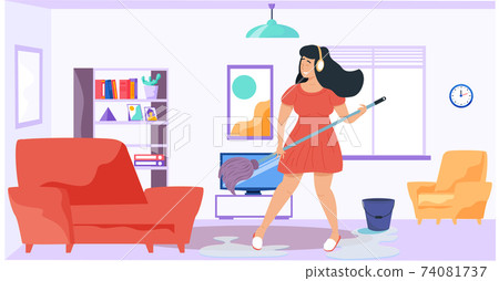 Woman playing mop like guitar in apartment. Female character performs songs and cleans floor 74081737