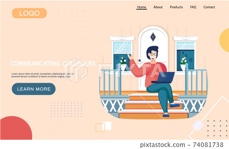 Communicating colleagues landing page template with happy woman communicates on Internet with laptop 74081738