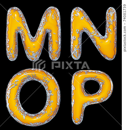 Realistic 3D letters set M, N, O,P made of gold shining metal letters. 74081739