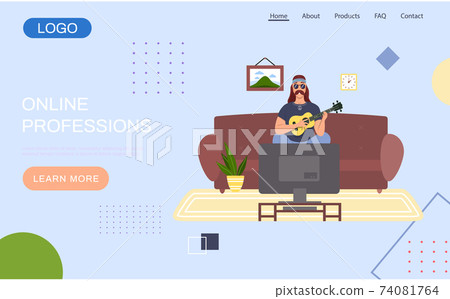 Website with online professions. Male bard with ukulele in hands. Guitarist is watching television 74081764