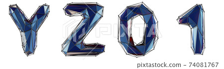 Realistic 3D set of letters Y, Z, 0, 1 made of low poly style. Collection symbols of low poly style blue color glass isolated on white background 3d 74081767
