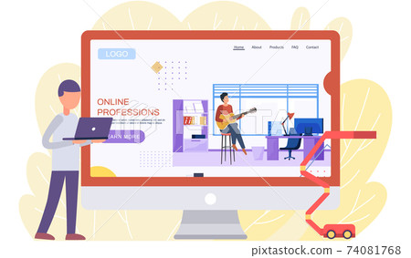 Man stands next to monitor and works on laptop. Guy sitting in office with guitar and playing Man stands next to monitor and works on laptop. Guy sitting in office with guitar and playing 74081768