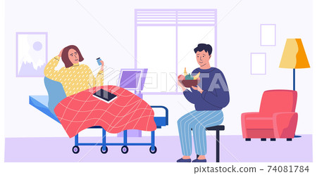 Girl lies in bed in hospital. Guy gives woman fruit for immunity in medical room vector illustration Girl lies in bed in hospital. Guy gives woman fruit for immunity in medical room vector illustration 74081784