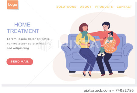 Home treatment landing page template with parents give medicine to daughter, sick child at home Home treatment landing page template with parents give medicine to daughter, sick child at home 74081786