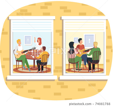 Group of people sing songs and play guitar sitting in apartment. Social isolation quarantine concept Group of people sing songs and play guitar sitting in apartment. Social isolation quarantine concept 74081788
