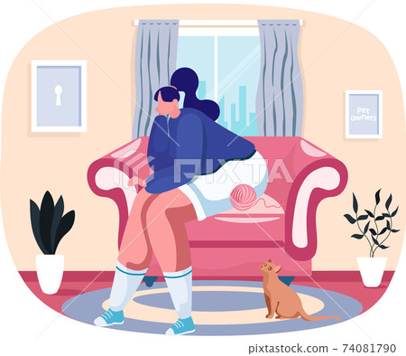 Cat owner resting at home in armchair. Animal is looking at woman. Fun time with pet in livingroom Cat owner resting at home in armchair. Animal is looking at woman. Fun time with pet in livingroom 74081790