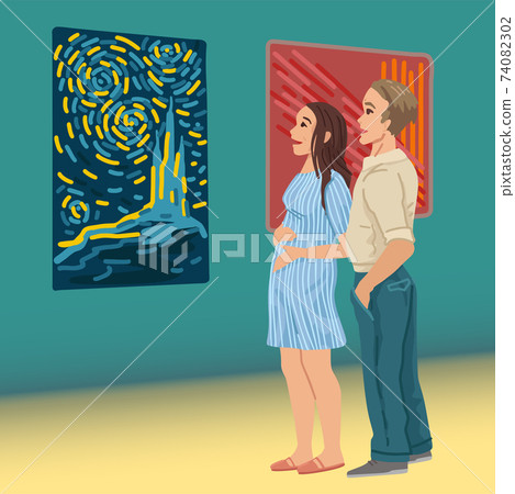 Young family in a museum looking at a painting in a gallery, an art exhibition, paintings on the wall. Vector concept in flat style. Young family in a museum looking at a painting in a gallery, an art exhibition, paintings on the wall. Vector concept in flat style. 74082302