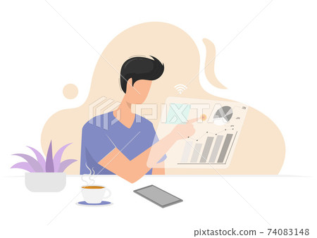 Young men working from home He is checking the stock market graph. Young men working from home He is checking the stock market graph. 74083148
