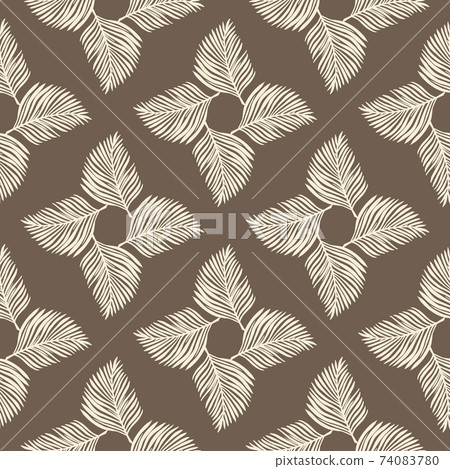 Geometric abstract seamless pattern with light grey fern leaf ornament. Pastel brown background. 74083780
