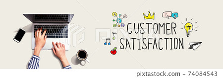 Customer satisfaction with person using laptop Customer satisfaction with person using laptop 74084543