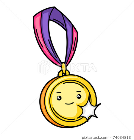 Kawaii illustration of gold medal on ribbon. 74084818