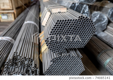 warehouse of thin steel pipes in the metalworking industry. 74085141