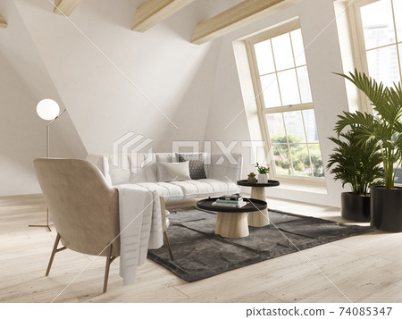 White color attic interior room 3d illustration 74085347