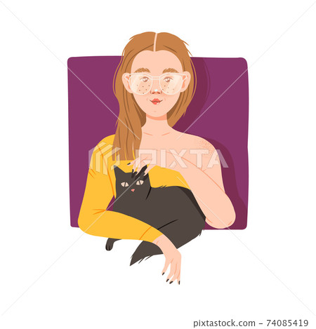 Freckled Woman with Cat Looking Out of Window Vector Illustration 74085419