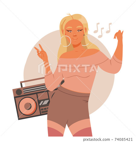 Young Woman Listening to Music and Moving with Dancing Motion Vector Illustration Young Woman Listening to Music and Moving with Dancing Motion Vector Illustration 74085421